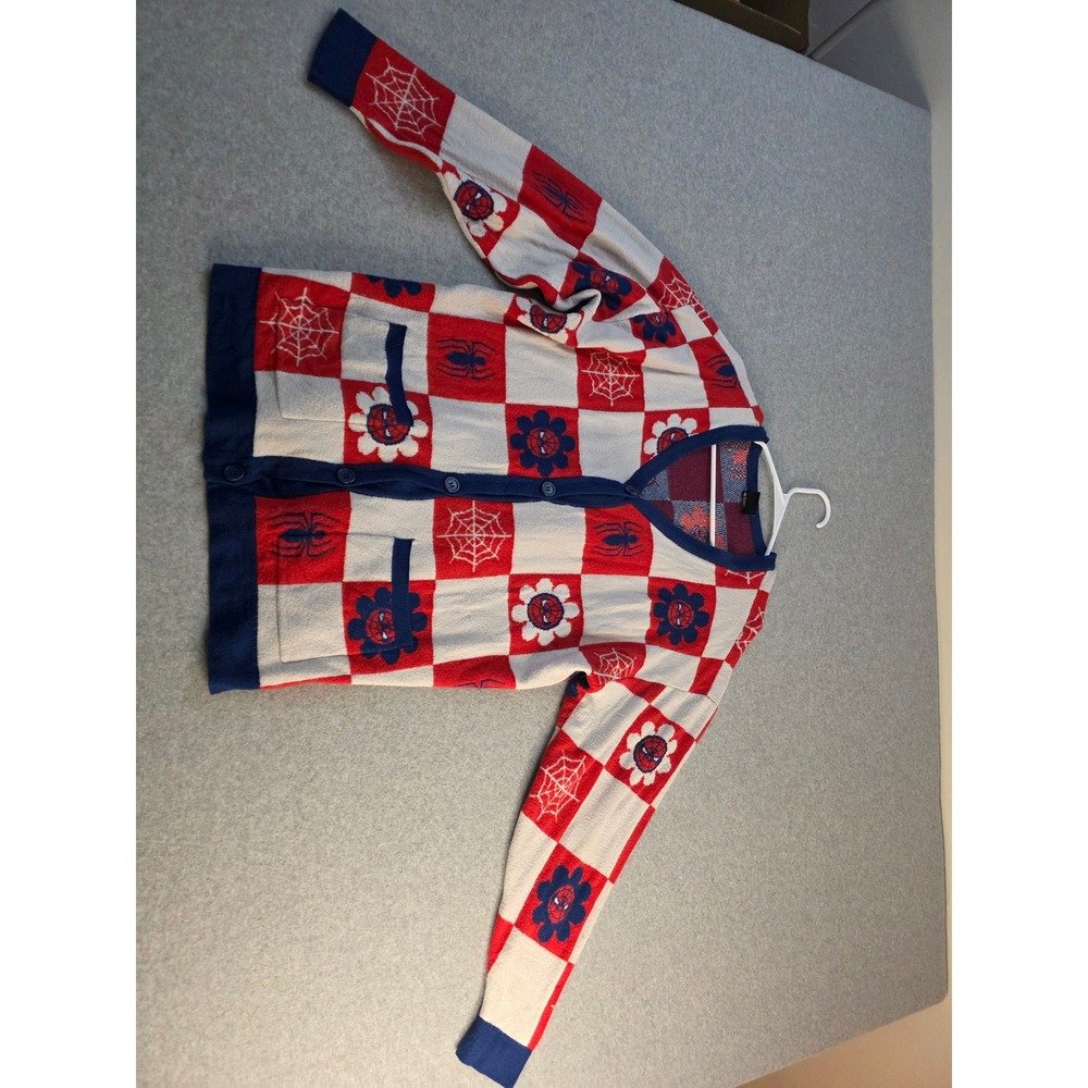 BoxLunch Marvel SpiderMan Checkerboard Cardigan Sweater Blue Red Blue